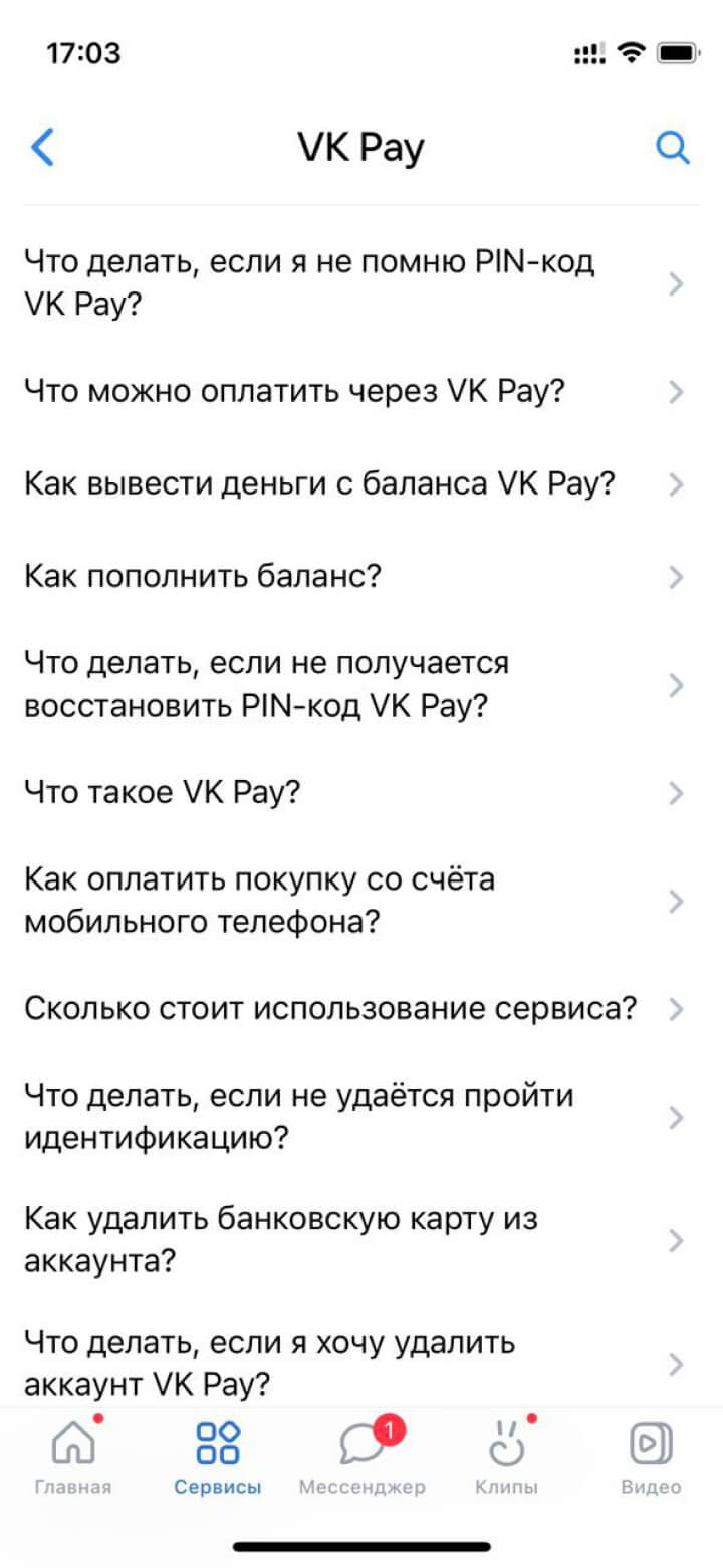 Изображён раздел службы поддержки в мини-приложении VK Pay