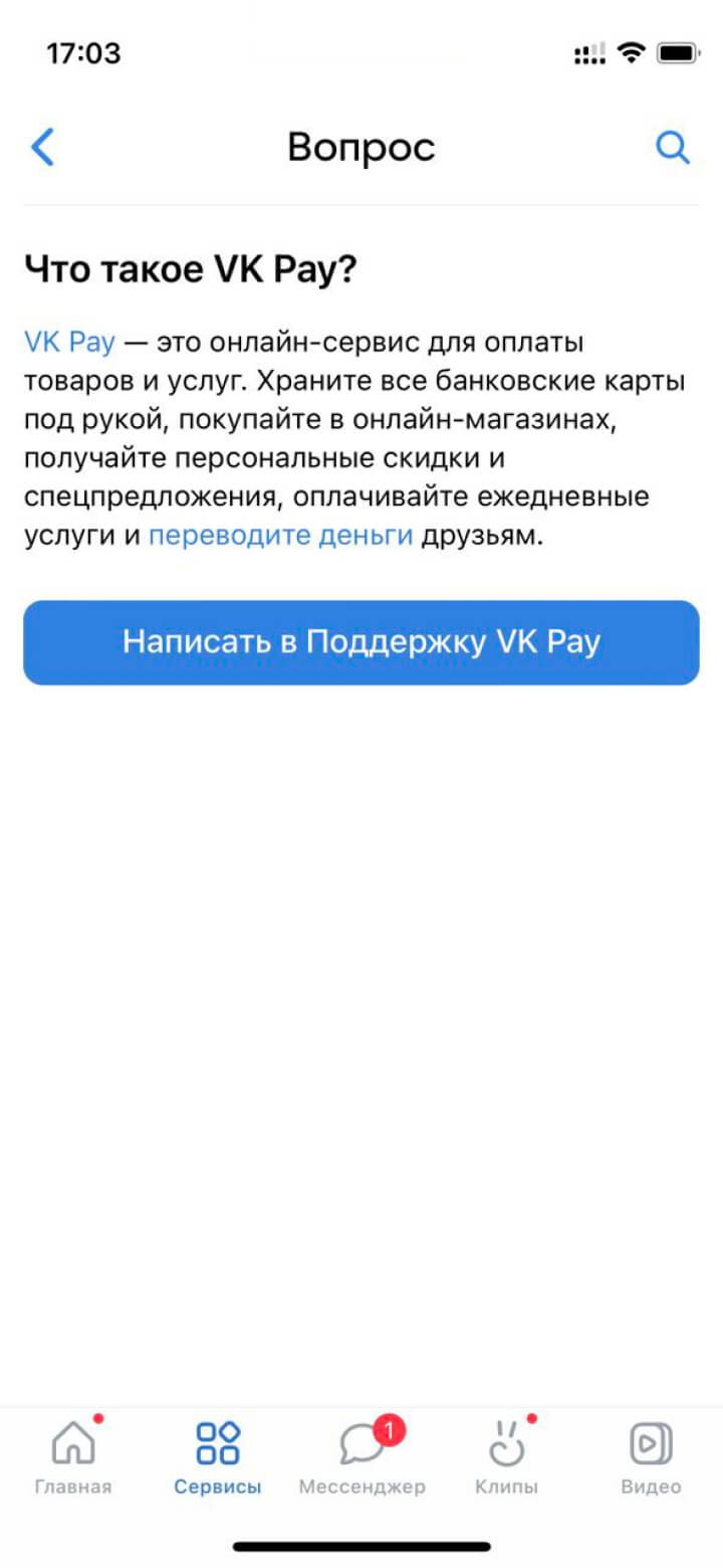 Изображён раздел службы поддержки в мини-приложении VK Pay